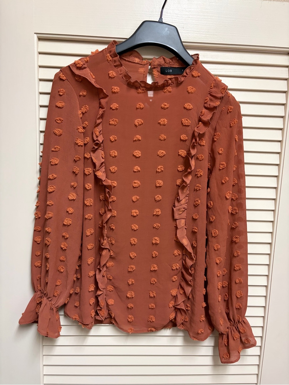 LOB Blouse Womens 2 Rust Swiss Dot Ruffle Long Sleeve Boho Cottagecore Top